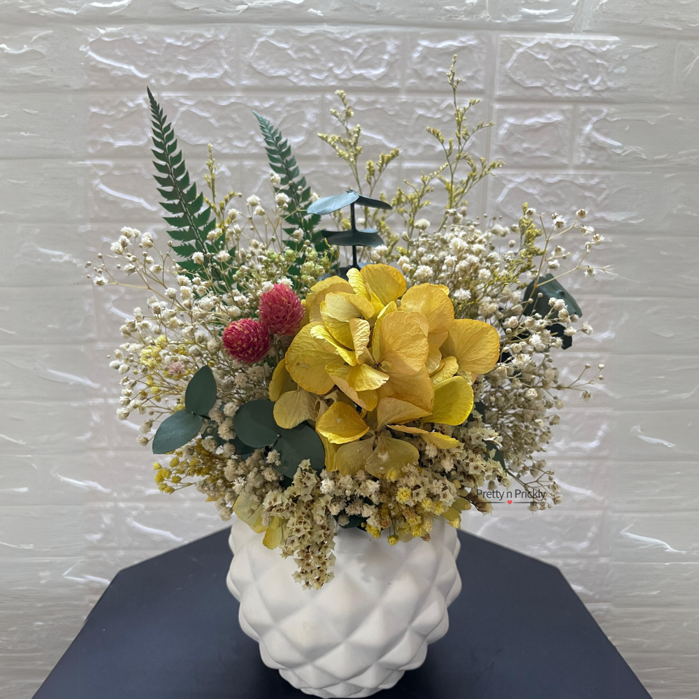 Mellow Yellow: Dried and preserved potted flower arrangement