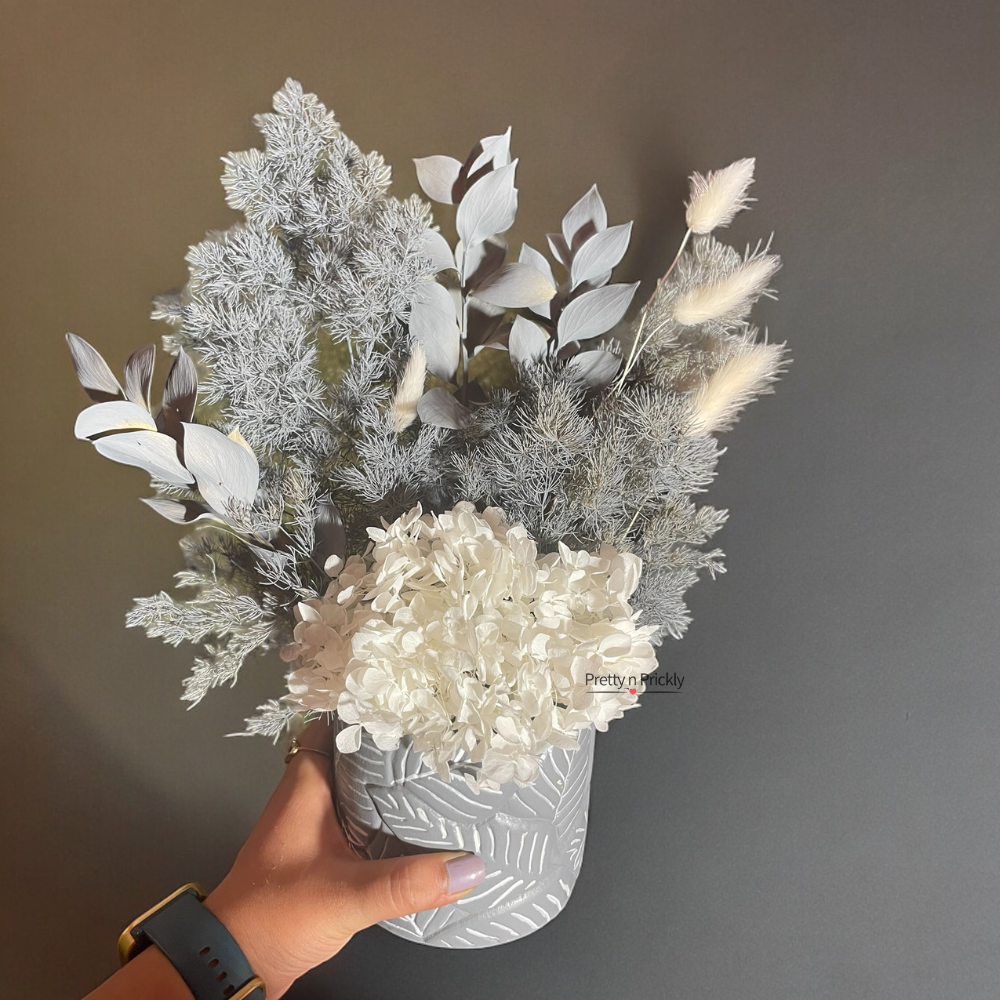 Misty Grey: Dried and preserved potted flower arrangement