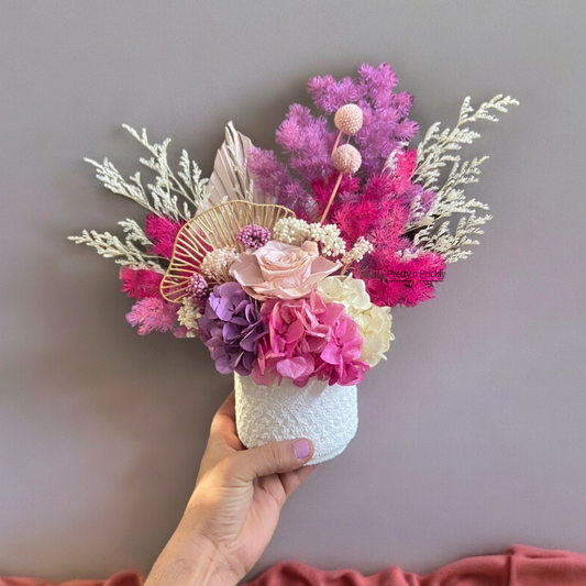 Barbie Pink: Dried and Preserved potted flower arrangement