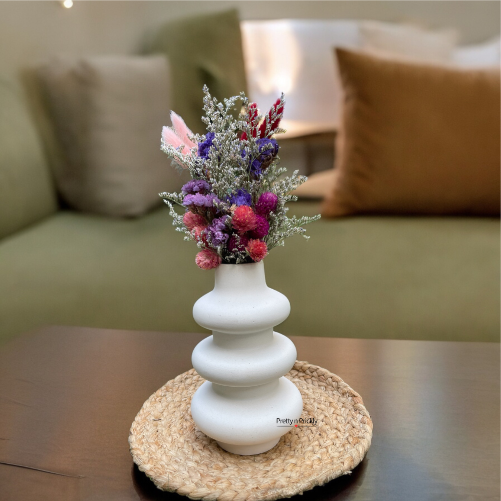 Minis with Spiral vase: Dried and preserved flower arrangement